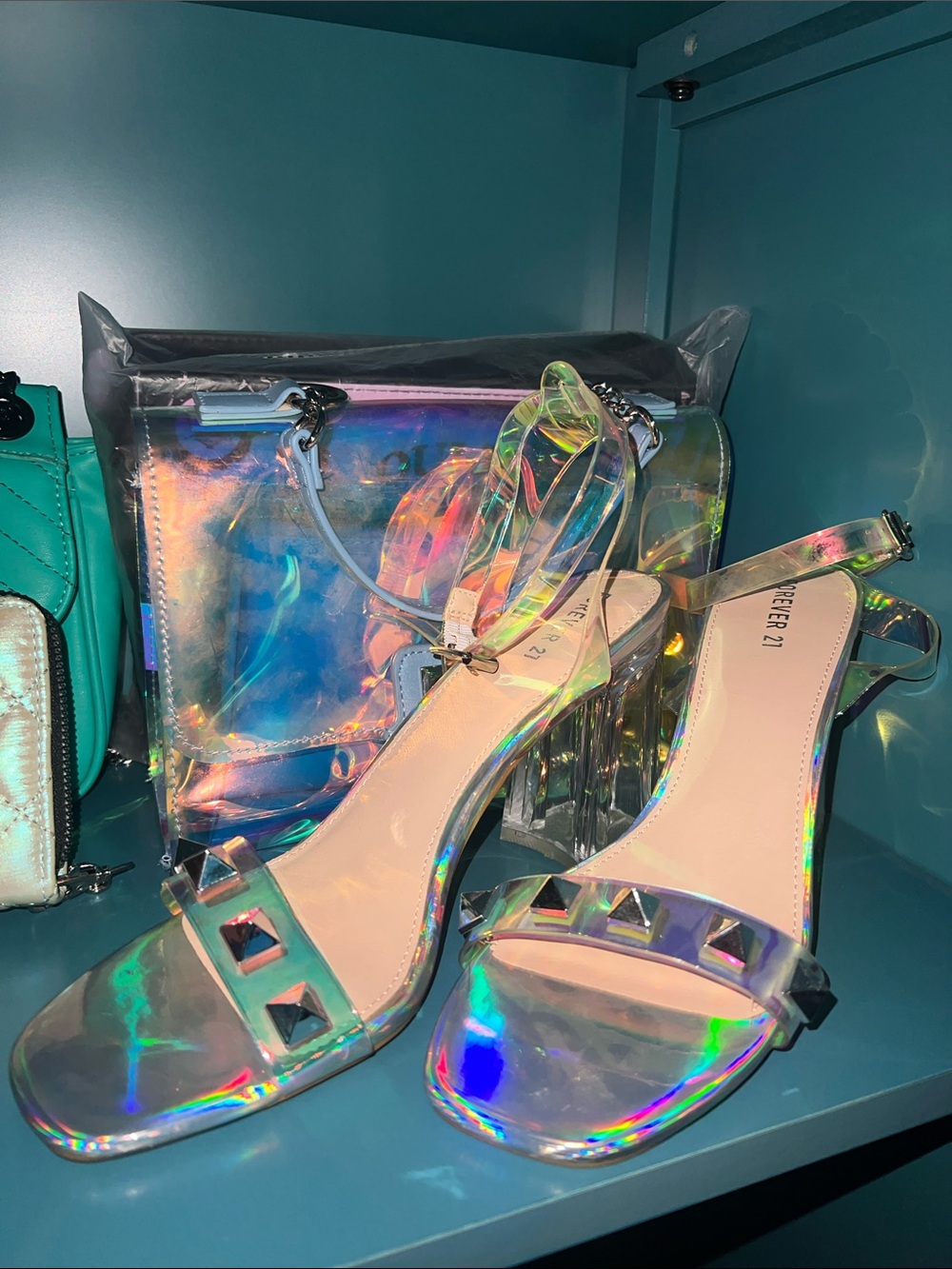Forever 21 Holographic Iridescent Block Heel Sandals - Multi
